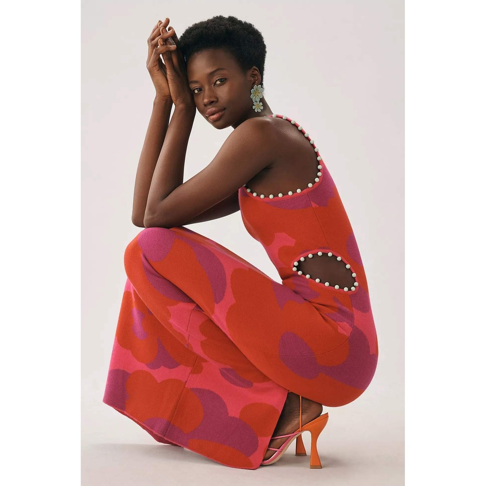 The Wolf Gang Crewneck Cutout Knit Side Beaded Maxi Dress Abstract Avant Garde